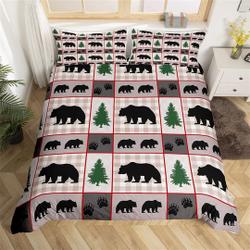 Jungle Trees Botanical Plant Wild Animal Silhouette Quilt, Hunting Theme Geometric Plaid Bedding Set Gift For Your Girlfriend Boyfriend Gift For Love Gift For Friend Best Valentine Present Holiday Gift