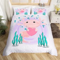 Handmade Cute Axolotl Duvet Cover, Undersea Green Seaweed Coral Ocean Animal Bedding Set Gift For Your Girlfriend Boyfriend Gift For Love Gift For Friend Best Valentine Present Holiday Gift
