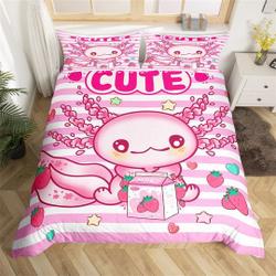 Cute Axolotl Handmade Duvet Cover, Marine Life Ocean Animal Bedding Set, Cartoon Strawberry MilkGift For Your Girlfriend Boyfriend Gift For Love Gift For Friend Best Valentine Present Holiday Gift