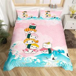 Cute Sushi Handmade Duvet Cover, Japanese Style Food Cartoon Graffiti Bedding Set Gift For Your Girlfriend Boyfriend Gift For Love Gift For Friend Best Valentine Present Holiday Gift