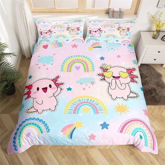 Cartoon Rainbow Axolotl Bedding Set for Kids Teens, Cute Axolotl Ocean Animal Duvet CoverGift For Your Girlfriend Boyfriend Gift For Love Gift For Friend Best Valentine Present Holiday Gift