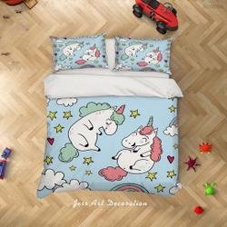 3D Unicorn Duvet Covers Set, Cartoon Quilt Cover, Blue Bedding Set, Clouds Doona Cover, Kids Bedding Set Gift For Your Girlfriend Boyfriend Gift For Love Gift For Friend Best Valentine Present Holiday Gift