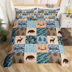 Camo Deer Antler Silhouettes Duvet Cover, Bear Pine Trees Rustic Quilt Cover, Bohemian Arrows Geometric Plaid Bedding Set