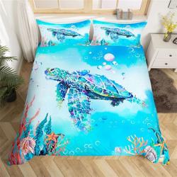 Handmade Sea Turtle Duvet Cover, Fantasy Marine Life Quilt Cover, Undersea Coral Couch Bedding Set Gift For Your Girlfriend Boyfriend Gift For Love Gift For Friend Best Valentine Present Holiday Gift
