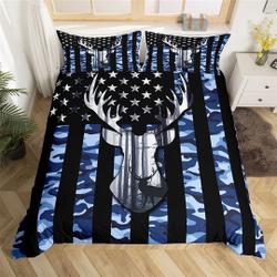 Blue Camouflage USA Flag Bedding Set, Camo Grey Deer Antler Wild Animal Hunting Duvet CoverGift For Your Girlfriend Boyfriend Gift For Love Gift For Friend Best Valentine Present Holiday Gift