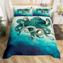 Octopus Watercolor Bedding Set, Gradient Tie Dye Ocean Animal Duvet Cover, Sea Wildlife Undersea Marine Life Quilt Cover