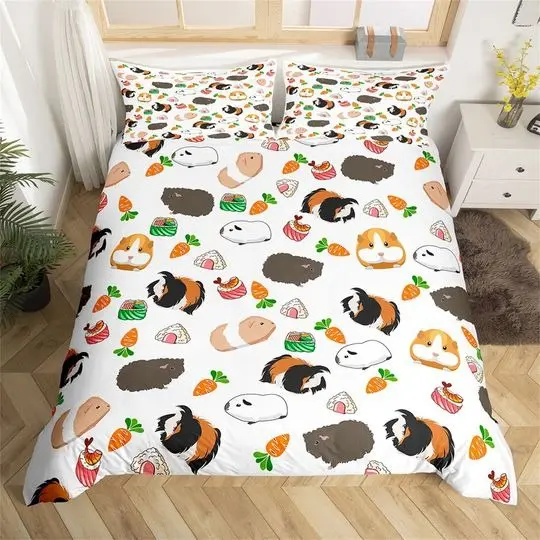 Cartoon Cute Guinea Pig Duvet Cover, Lovely Animal Pet Bedding Set, Carrot Sushi Food Hippie Graffiti Comforter CoverGift For Your Girlfriend Boyfriend Gift For Love Gift For Friend Best Valentine Present Holiday Gift