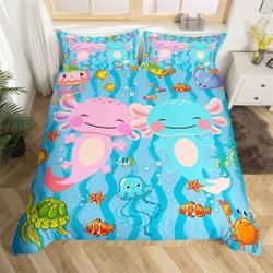 Handmade Axolotl Duvet Cover, Cartoon Cute Ocean Animal Undersea Turtle Jellyfish Bedding Set Gift For Your Girlfriend Boyfriend Gift For Love Gift For Friend Best Valentine Present Holiday Gift