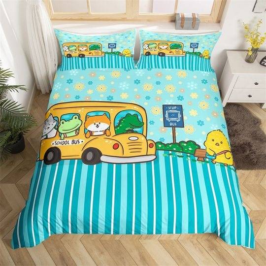 Cartoon Wild Animal Bedding Set, Cute School Bus Cat Dog Frog Print Duvet CoverGift For Your Girlfriend Boyfriend Gift For Love Gift For Friend Best Valentine Present Holiday Gift