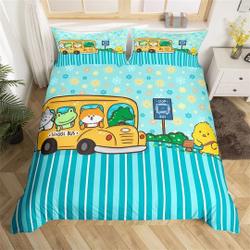 Cartoon Wild Animal Bedding Set, Cute School Bus Cat Dog Frog Print Duvet CoverGift For Your Girlfriend Boyfriend Gift For Love Gift For Friend Best Valentine Present Holiday Gift