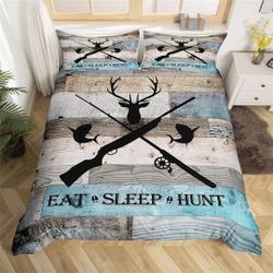 Deer Fish Wild Animal Silhouette Comforter Cover, Retro Blue Gray Wooden Board Bedding Set Gift For Your Girlfriend Boyfriend Gift For Love Gift For Friend Best Valentine Present Holiday Gift