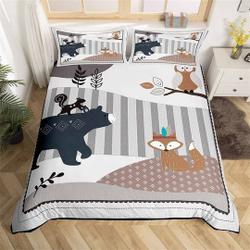 Cartoon Animal Bedding Set, Cute Bear Owl Fox Wildlife Duvet Cover, Exotic Indian Style Geometric Stripe Quilt Cover