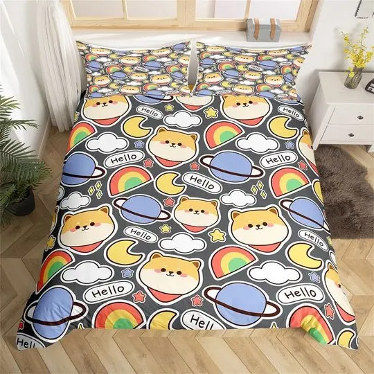Cartoon Dog Handmade Duvet Cover, Rainbow Moon Planet Graffiti Bedding Set Gift For Your Girlfriend Boyfriend Gift For Love Gift For Friend Best Valentine Present Holiday Gift