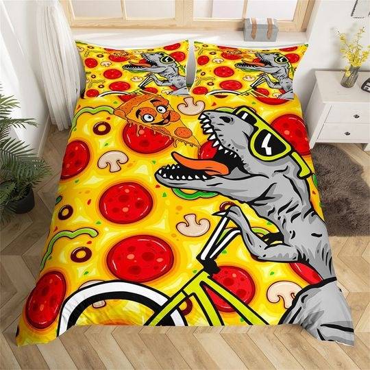 Colorful Pizza Food Graffiti Bedding Set, Cute Hippie Graffiti Animal Comforter Cover for Kids TeensGift For Your Girlfriend Boyfriend Gift For Love Gift For Friend Best Valentine Present Holiday Gift
