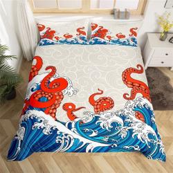 Blue Sea Wave Handmade Duvet Cover, Red Octopus Tentacle Animal Graffiti Bedding Set Gift For Your Girlfriend Boyfriend Gift For Love Gift For Friend Best Valentine Present Holiday Gift