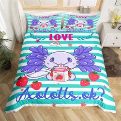 Cartoon Strawberry Milk Fruit Print Quilt, Purple Ocean Animal Teal White Geometric Stripes Bedding Set Gift For Your Girlfriend Boyfriend