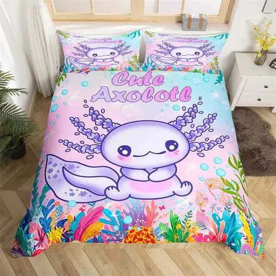 Cute Axolotl Duvet Cover, Colorful Undersea Coral Dreamy Ocean Animal Comforter Cover Bedding Set Gift For Your Girlfriend Boyfriend Gift For Love Gift For Friend Best Valentine Present Holiday Gift