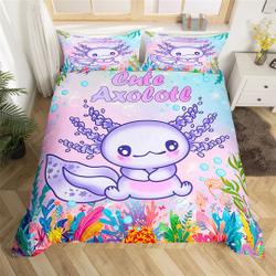 Cute Axolotl Duvet Cover, Colorful Undersea Coral Dreamy Ocean Animal Comforter Cover Bedding Set Gift For Your Girlfriend Boyfriend Gift For Love Gift For Friend Best Valentine Present Holiday Gift