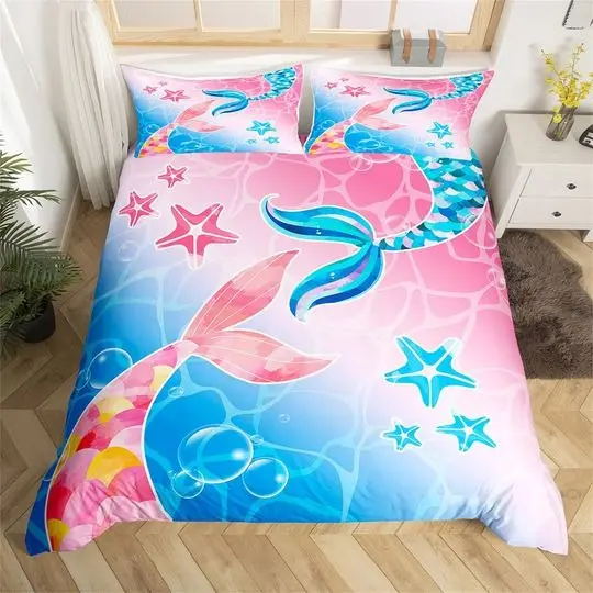 Cute Starfish Print Ocean Animal Quilt Cover, Blue Pink Ocean Theme Dreamy Bedding Set, HandmadeGift For Your Girlfriend Boyfriend Gift For Love Gift For Friend Best Valentine Present Holiday Gift