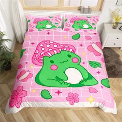 Cute Frog Handmade Animal Duvet Cover, Cartoon Natural Mushroom Flowers Starry Bedding Set Gift For Your Girlfriend Boyfriend Gift For Love Gift For Friend Best Valentine Present Holiday Gift