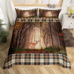 Deer Handmade Duvet Cover, Wild Animal Elk Jungle Tree Bedding Set, Vintage Yellow Brown Wooden Stripes Plaid Quilt Cover