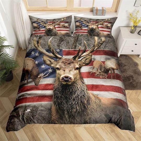 American Flag Deer/Elk Duvet Cover, Wildlife Jungle Animal Tree Print Hunting Theme Bedding Set Gift For Your Girlfriend Boyfriend Gift For Love Gift For Friend Best Valentine Present Holiday Gift