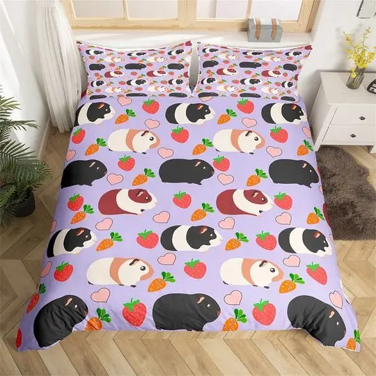Cute Guinea Pig Duvet Cover, Cartoon Food Strawberry Carrot Graffiti Quilt, Pink Heart Pattern Lovely Animal Bedding Set Gift For Your Girlfriend Boyfriend