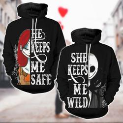 Valentine Gifts, Jack And Sally Couple Hoodies, She Keeps Me Wild He Keeps Me Safe Hoodie