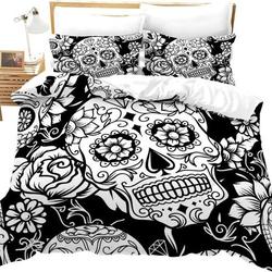 Sugar Skull Bedding Set Skull Duvet Cover, Comforter Cover Rose Floral Print Gothic Bedclothes Black White Horror