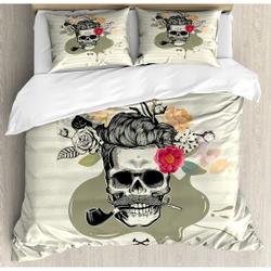 Skull Smoking Duvet Cover Set Queen , Mustached Skeleton Head and Pipe in Mouth Decorative Bedding Set Gift For Your Girlfriend Boyfriend Gift For Love Gift For Friend Best Valentine Present Holiday Gift
