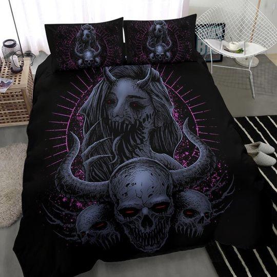 Monster Horned Skull Horned Demon Duvet Set Night Blue Pink-Baphomet DuvetGift For Your Girlfriend Boyfriend Gift For Love Gift For Friend Best Valentine Present Holiday Gift