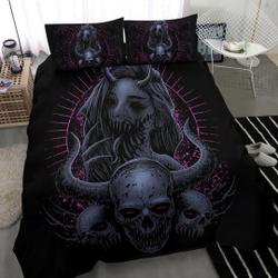 Monster Horned Skull Horned Demon Duvet Set Night Blue Pink-Baphomet DuvetGift For Your Girlfriend Boyfriend Gift For Love Gift For Friend Best Valentine Present Holiday Gift
