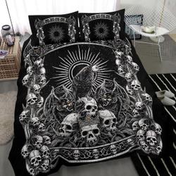 Skull Crown Demon Cat Crow Throne  Duvet Set Black And White-Black Cat Skull Decor-Gothic Bedding Set Gift For Your Girlfriend Boyfriend Gift For Love Gift For Friend Best Valentine Present Holiday Gift