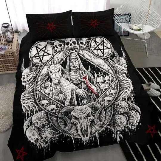 Skull Satanic Pentagram Demon Virgin Nun Goat Duvet Set-Satanic BeddingGift For Your Girlfriend Boyfriend Gift For Love Gift For Friend Best Valentine Present Holiday Gift