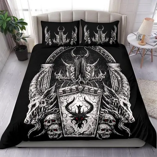 Skull Gothic Demon Shrine Black And White Red Eye Version Duvet Set-Satanic Bed Cover-Skull BedGift For Your Girlfriend Boyfriend Gift For Love Gift For Friend Best Valentine Present Holiday Gift