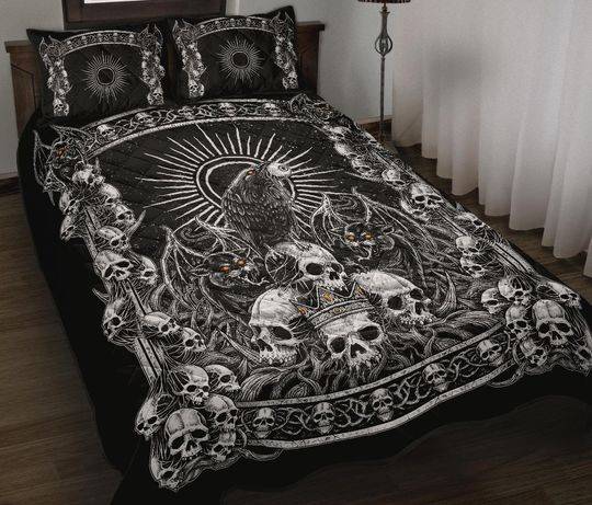 Skull Crown Demon Cat Crow Throne Quilt 3 Piece Set Black And White-Gothic Bedding Set Gift For Your Girlfriend Boyfriend Gift For Love Gift For Friend Best Valentine Present Holiday Gift