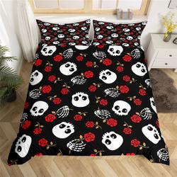 Gothic Skull Handmade Duvet Cover, Skeleton Hand Red Roses Bedding Set Gift For Your Girlfriend Boyfriend Gift For Love Gift For Friend Best Valentine Present Holiday Gift