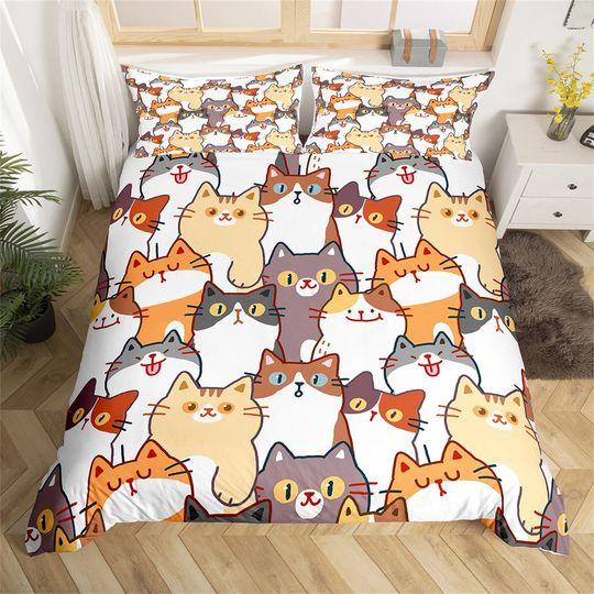 Cute Cat Duvet Cover, Cartoon Animal Family Pet Bedding Set, Hand Painted Lovely Comforter CoverGift For Your Girlfriend Boyfriend Gift For Love Gift For Friend Best Valentine Present Holiday Gift