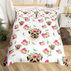 Cute Watercolor Animal Family Pet Bedding Set, Rustic Red Pink Flower Botanical Plant Leaves Quilt CoverGift For Your Girlfriend Boyfriend Gift For Love Gift For Friend Best Valentine Present Holiday Gift