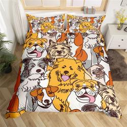 Cute Dogs Bedding Set, Cartoon Lovely Animal Family Pet Duvet Cover, Hand Drawn Colorful Puppy Comforter CoverGift For Your Girlfriend Boyfriend Gift For Love Gift For Friend Best Valentine Present Holiday Gift