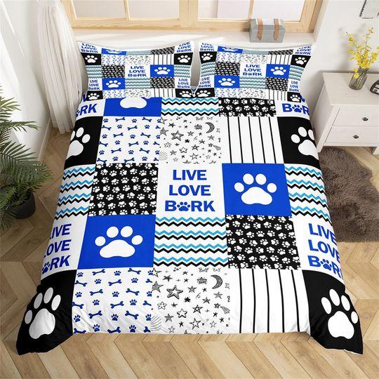 Cute Animal Bones Footprint Cartoon Family Pet Comforter Cover, Blue Wavy Stripe Plaid Bedding Set Gift For Your Girlfriend Boyfriend Gift For Love Gift For Friend Best Valentine Present Holiday Gift
