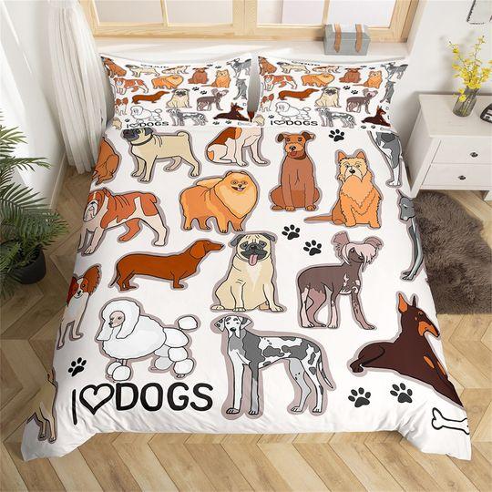 Cute Dogs Handmade Duvet Cover Set, Cartoon Animal Paw Print Bedding Set Gift For Your Girlfriend Boyfriend Gift For Love Gift For Friend Best Valentine Present Holiday Gift