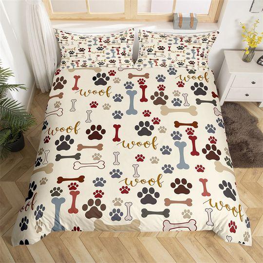 Cute Dog Paws Print Handmade Duvet Cover, Cartoon Puppy Lovely Animal Bedding Set Gift For Your Girlfriend Boyfriend Gift For Love Gift For Friend Best Valentine Present Holiday Gift