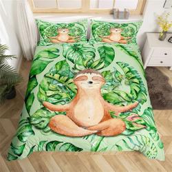 Wild Sloth Duvet Cover, Nature Tropical Palm Leaves Graffiti Comforter Cover, Cartoon Cute Animal Bedding Set Gift For Your Girlfriend Boyfriend