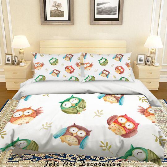 3D Owl Duvet Covers Set, Leaves Quilt Cover, Watercolor Bedding Set, Cartoon Doona Cover, Kids Bedding Set Gift For Your Girlfriend Boyfriend Gift For Love Gift For Friend Best Valentine Present Holiday Gift
