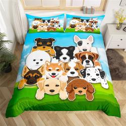 Cartoon Dogs Bedding Set, Cute Animal Family Pet Quilt, Blue Sky Green Grassland Graffiti Comforter CoverGift For Your Girlfriend Boyfriend Gift For Love Gift For Friend Best Valentine Present Holiday Gift