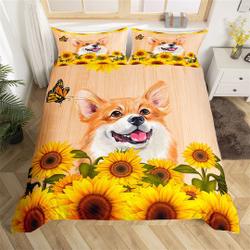 Cute Dog Handmade Duvet Cover, Rustic Sunflower Retro Wooden Board Bedding Set Gift For Your Girlfriend Boyfriend Gift For Love Gift For Friend Best Valentine Present Holiday Gift