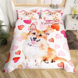 Cute Dog Puppy Duvet Cover, Watercolor Pink Heart Gradient Bedding Set, Cartoon Animal Family Pet QuiltGift For Your Girlfriend Boyfriend Gift For Love Gift For Friend Best Valentine Present Holiday Gift