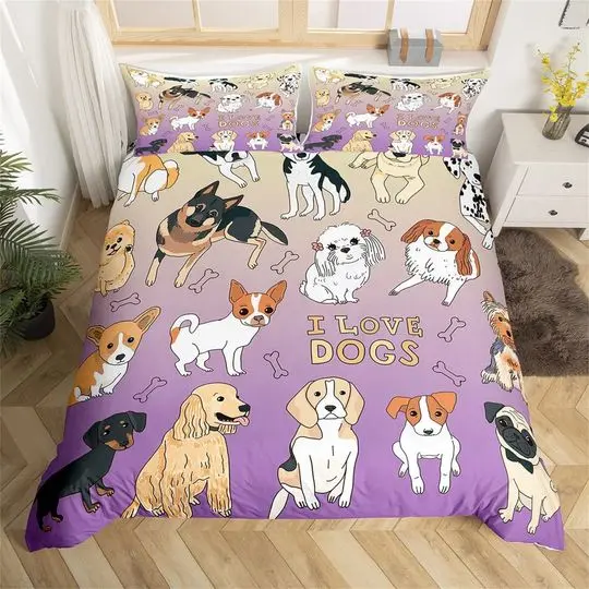 Cute Dog Handmade Duvet Cover, Cartoon Puppy Bones Family Pet Bedding Set Gift For Your Girlfriend Boyfriend Gift For Love Gift For Friend Best Valentine Present Holiday Gift