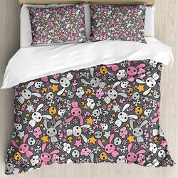 Cartoon Duvet Cover Set, Kawaii Bunnies and Clouds Heart Eyed Skulls Japanese Bedding Set Gift For Your Girlfriend Boyfriend Gift For Love Gift For Friend Best Valentine Present Holiday Gift